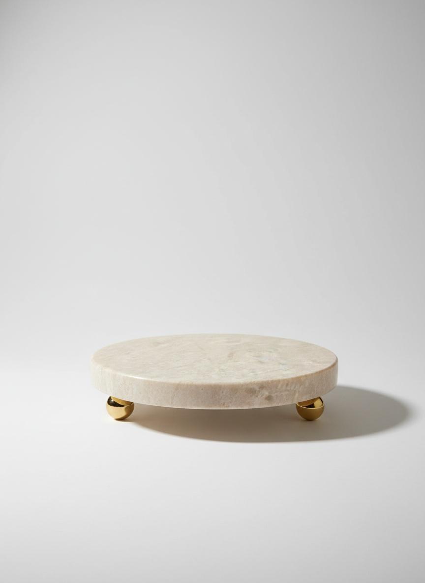 Support rond en marbre beige avec pieds dorées 2