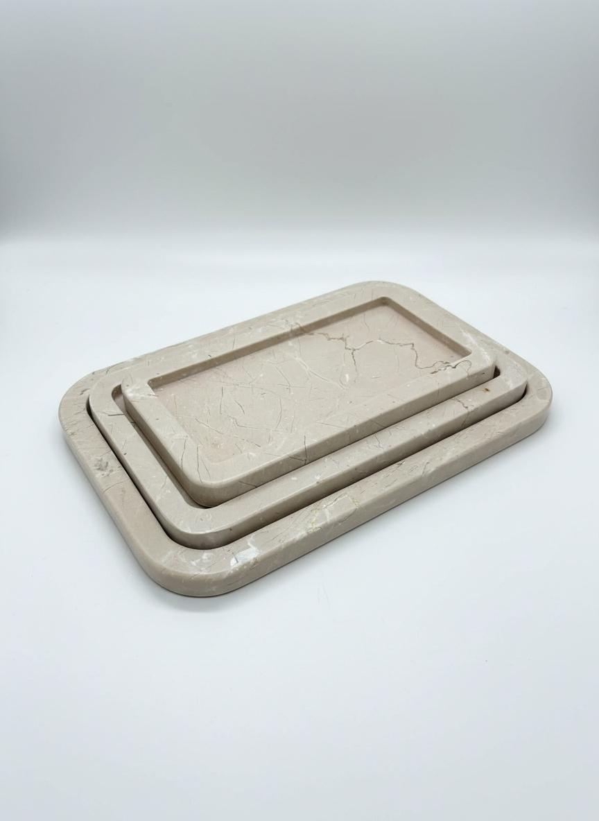 Série de 3pcs plateaux rectanguilaires trois dimensions en marbre beige 2
