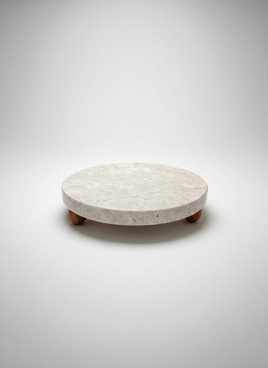 Support rond en marbre beige avec pieds en bois