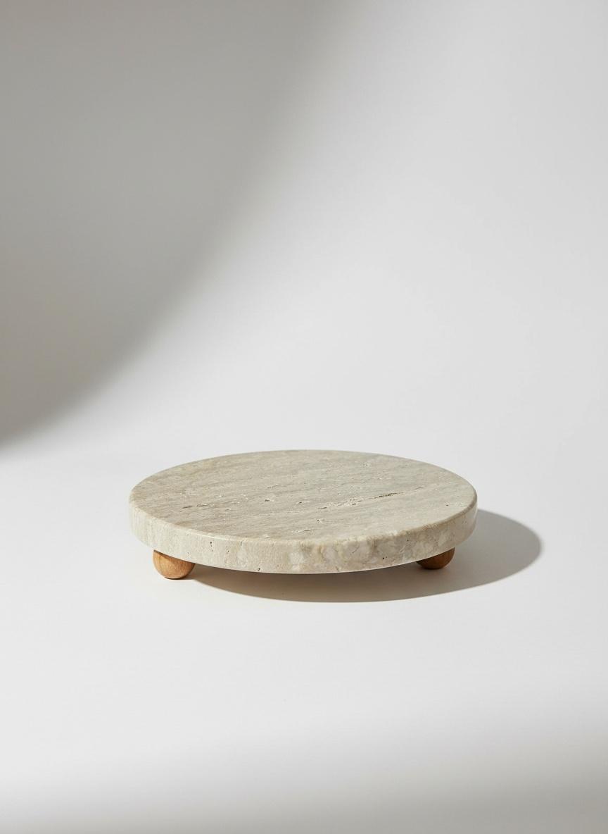 Support rond en marbre travertin avec pieds en bois 2