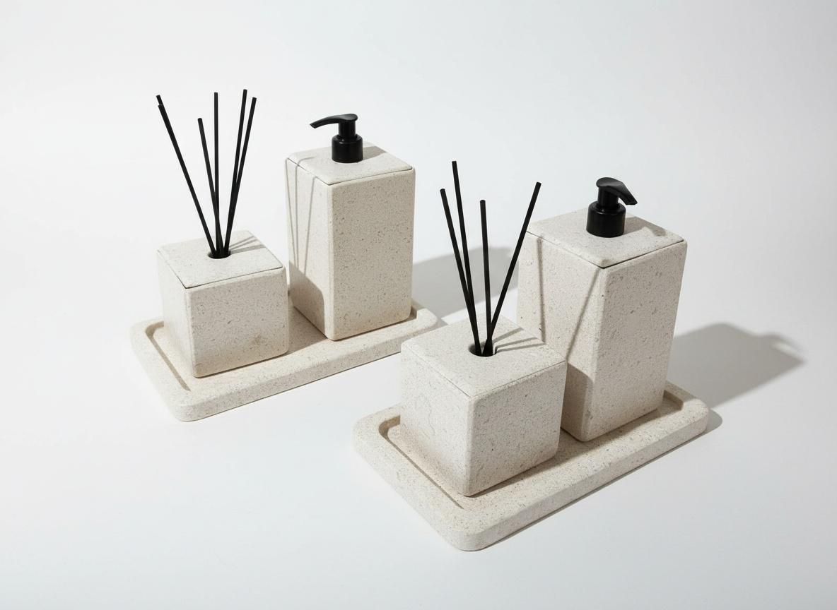 Série de 3pcs accessoires salle de bain en marbre beige avec plateau rectanguilaire 2