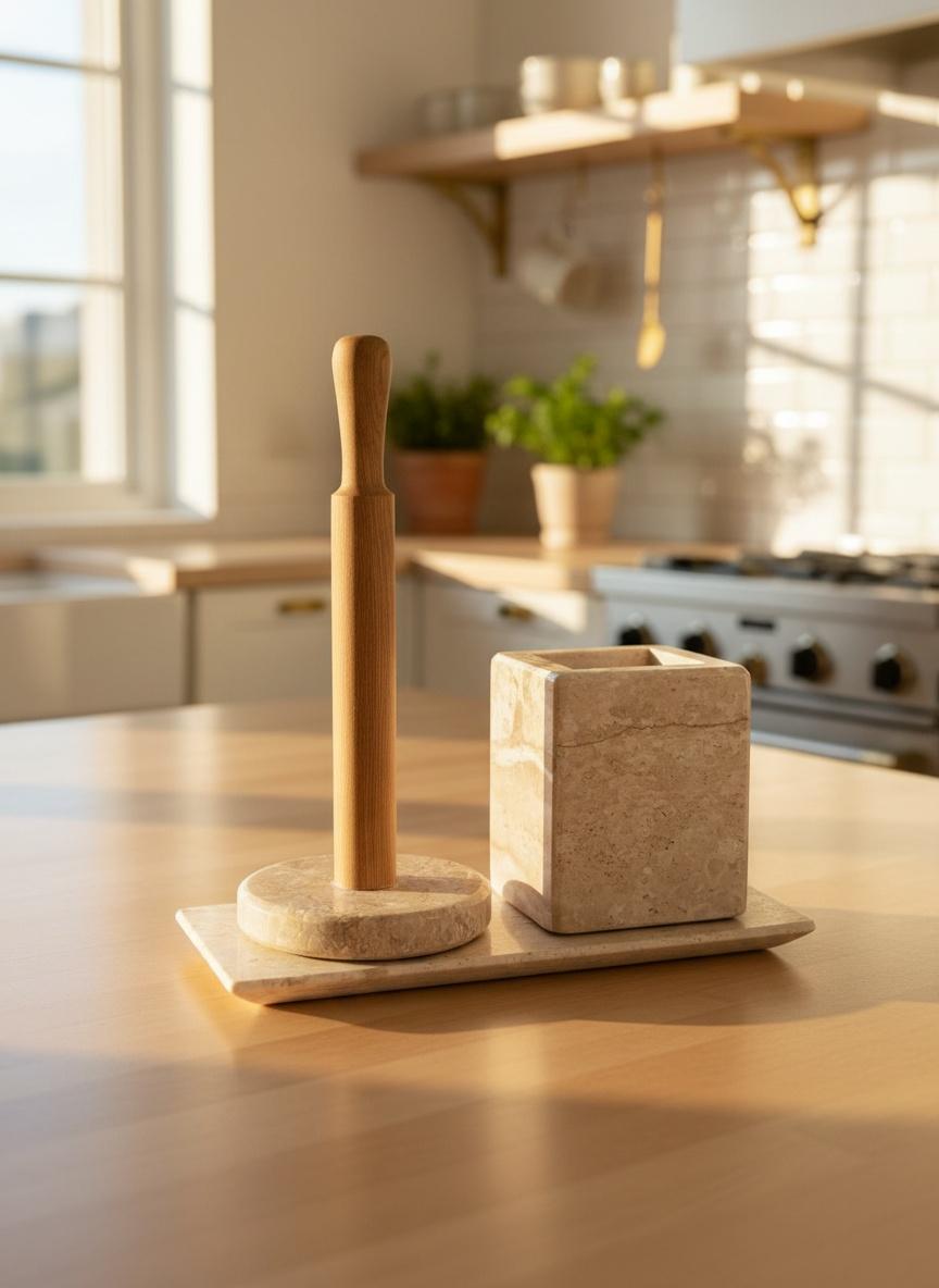 Série 3pcs accessoires cuisine en marbre beige