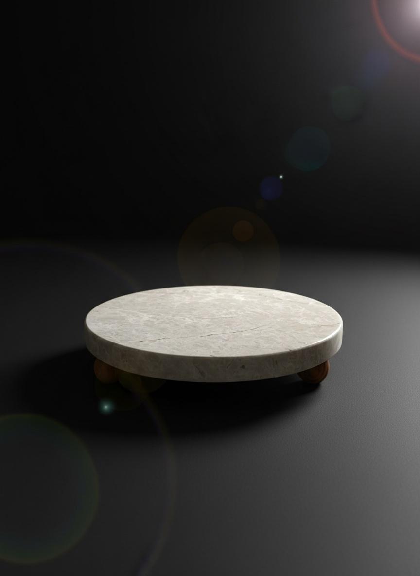 Support rond en marbre beige avec pieds en bois 2