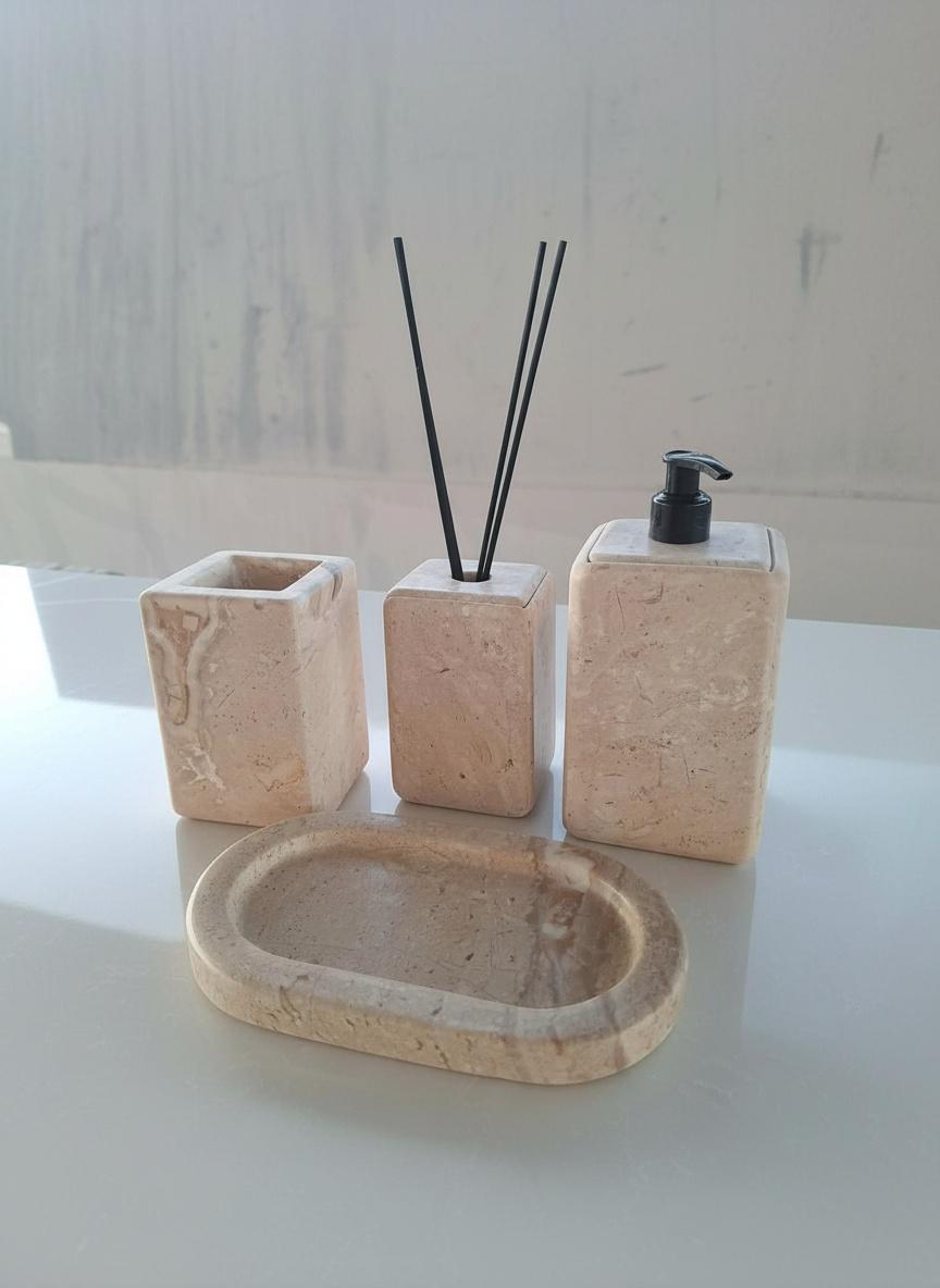 Série de 4pcs accessoires salle de bain en marbre beige 2
