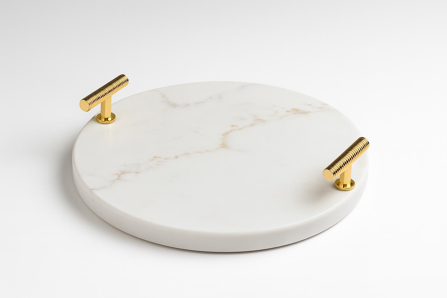 Plateau rond en marbre blanc avec poignées simples dorées