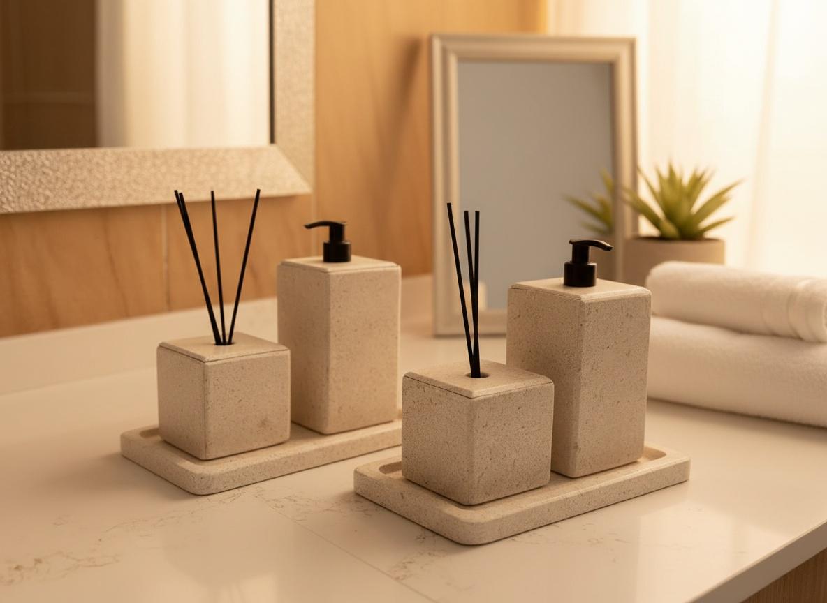 Série de 3pcs accessoires salle de bain en marbre beige avec plateau rectanguilaire