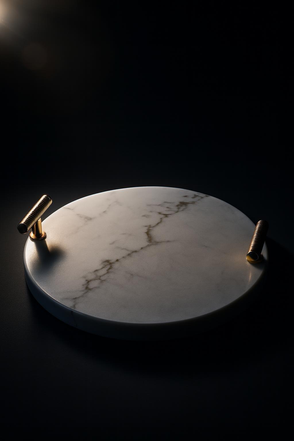 Plateau rond en marbre blanc avec poignées simples dorées 3