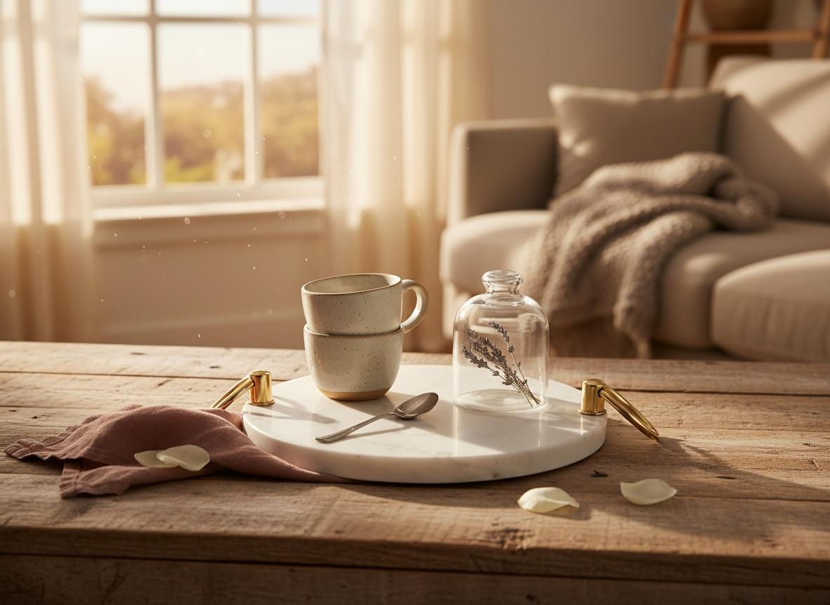 Plateau forme rond en marbre blanc avec des poignées dorés