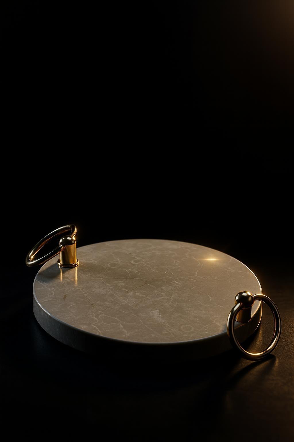 Plateau rond en marbre beige avec poignées boucles dorées 2
