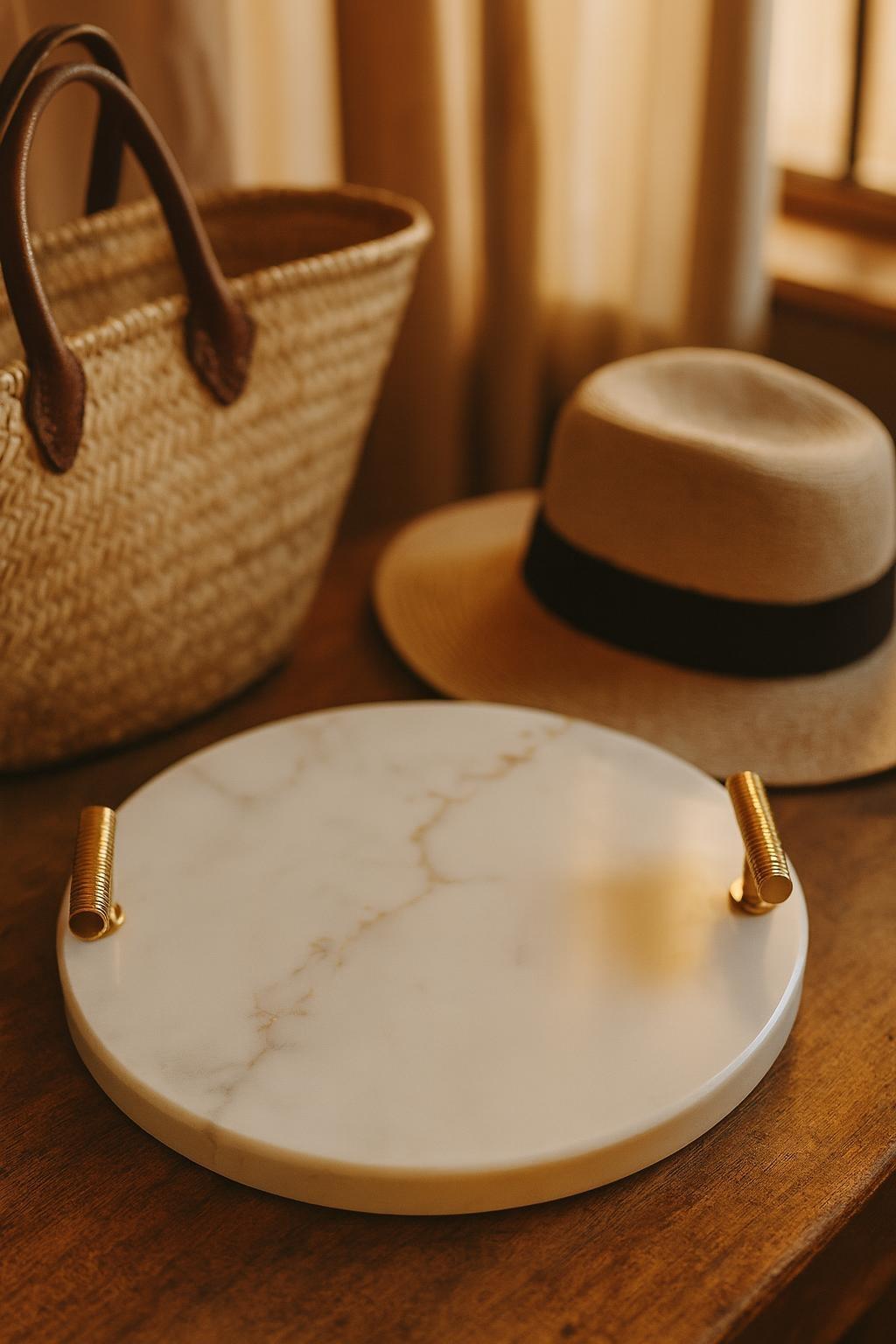 Plateau rond en marbre blanc avec poignées simples dorées 2