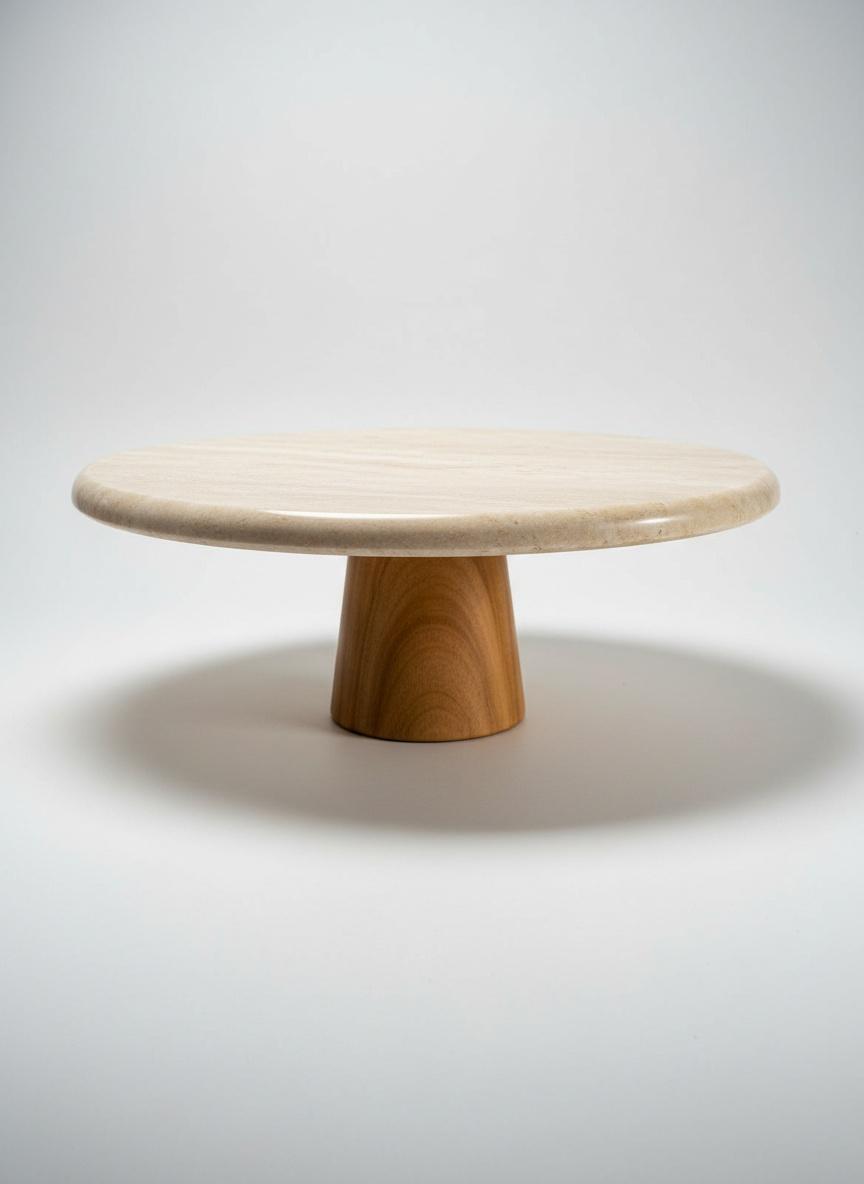 Présentoir rond en marbre beige avec pied en bois 3