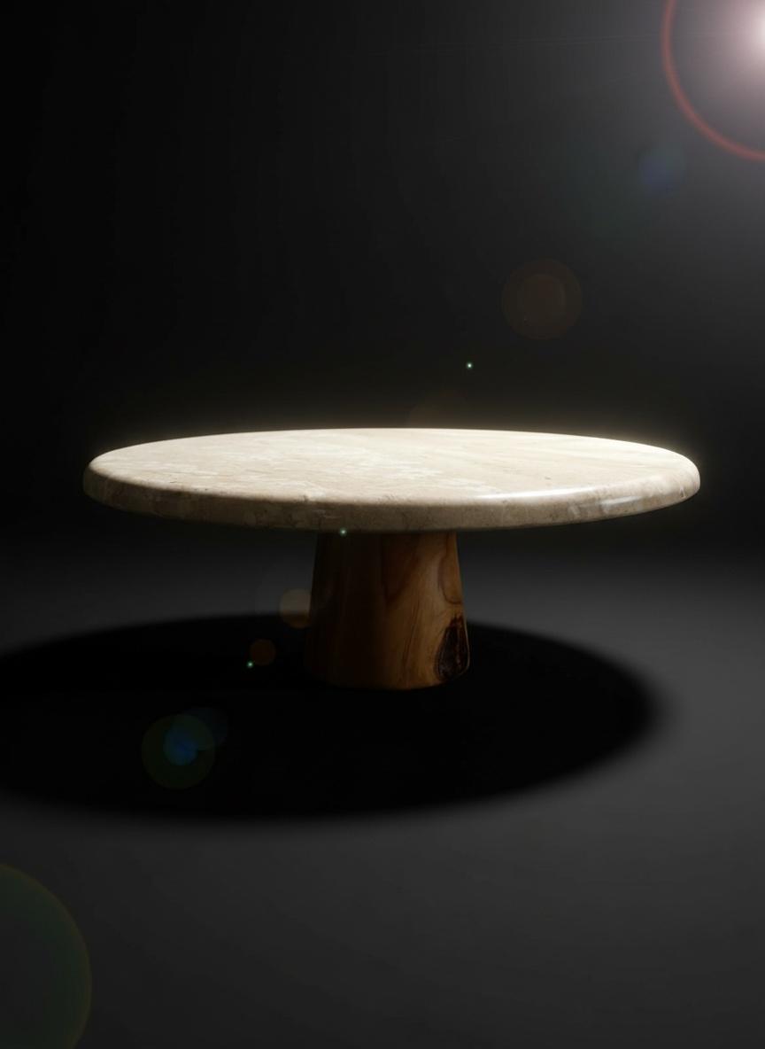 Présentoir rond en marbre beige avec pied en bois 2