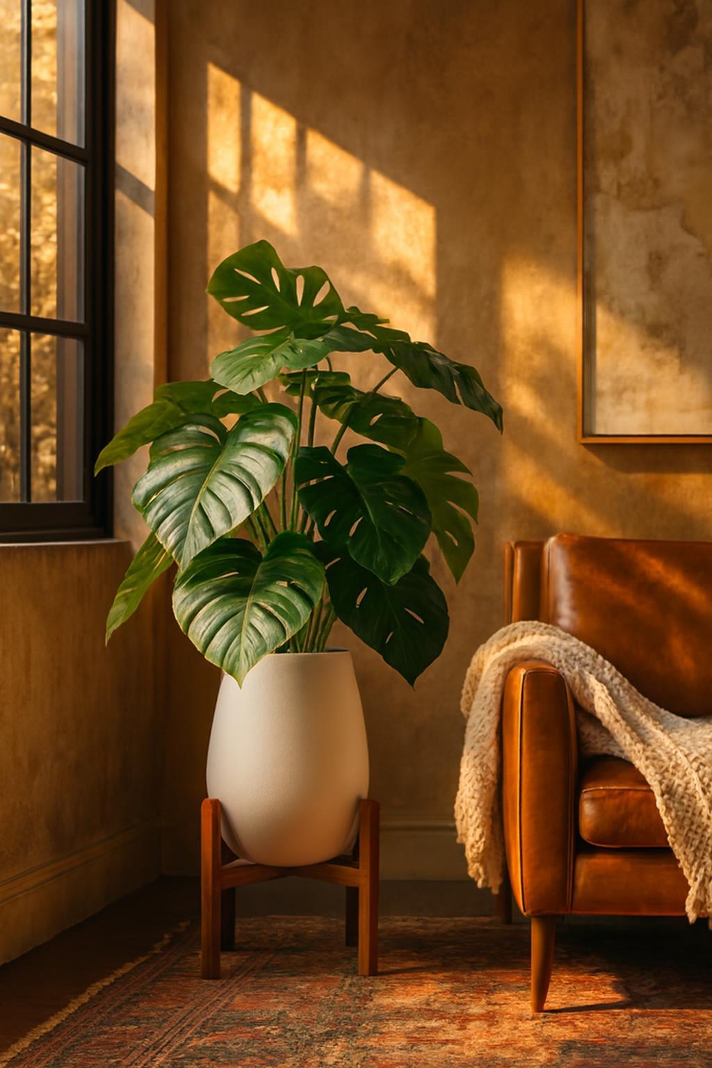 Monstera Artificielle  Avec Grand Pot en Céramique et Support en Bois 3