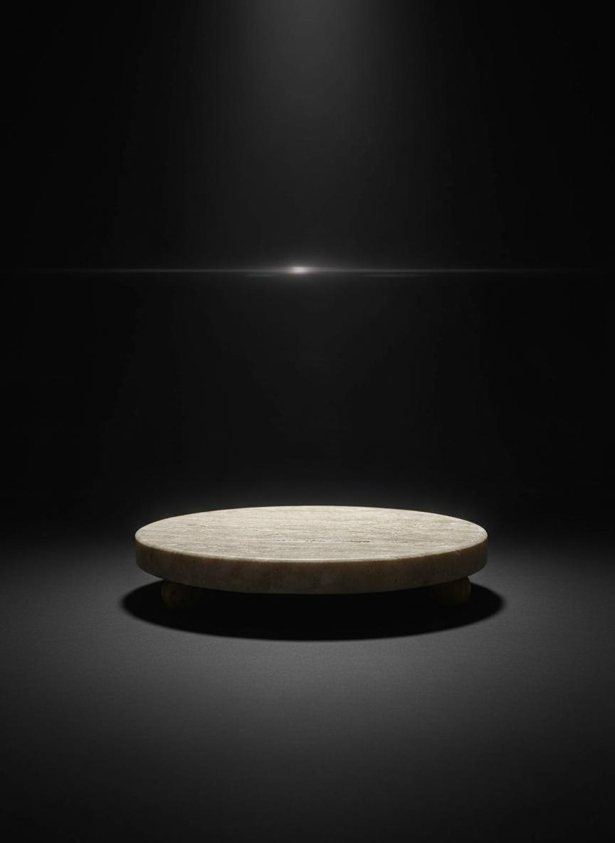 Support rond en marbre travertin avec pieds en bois 3