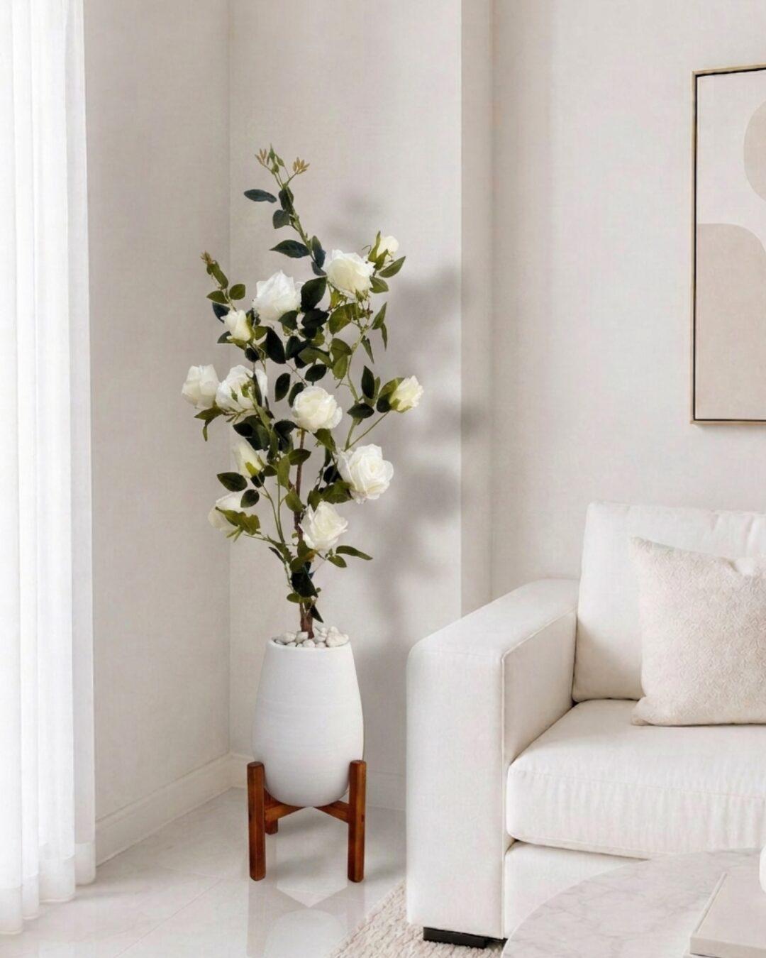 Rosier Blanc Artificiel sur Support en Bois